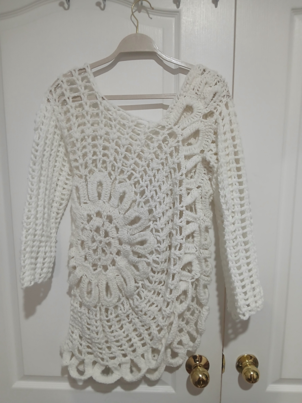 White Crochet Openwork Sweater Tunic